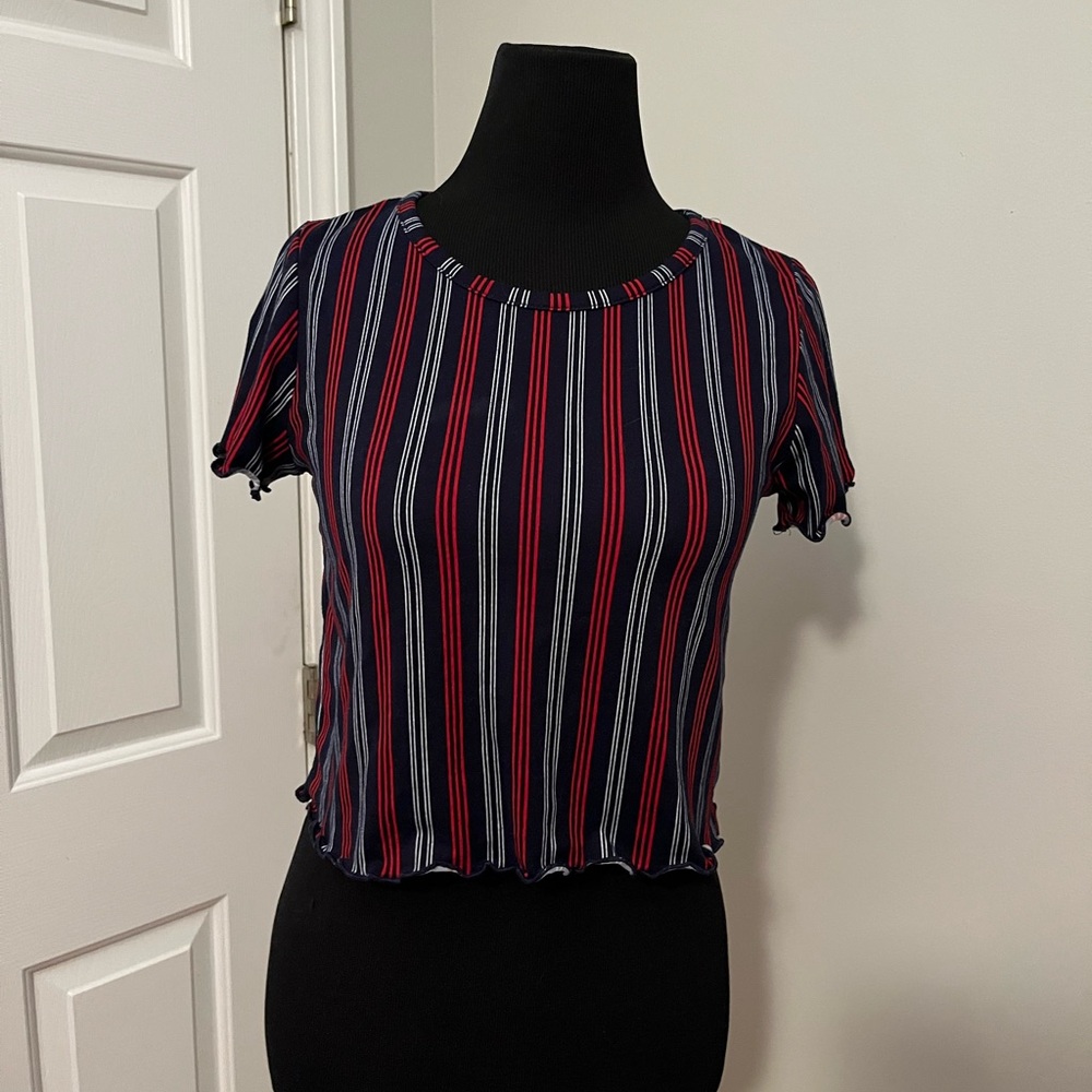 Caution To The Wind Navy and Red Striped Crop Top Small
